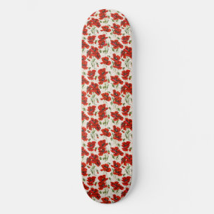 Vintage Red Poppy Floral Pattern Botanical Art Skateboard
