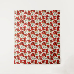 Vintage Red Poppy Floral Pattern Botanical Art Tapestry