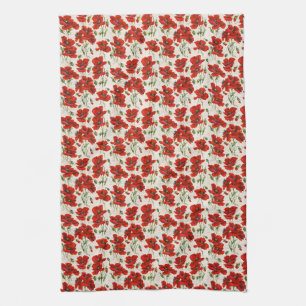 Vintage Red Poppy Floral Pattern Botanical Art Tea Towel