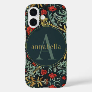 Vintage Red Poppy Floral William Morris Monogram iPhone 16 Case