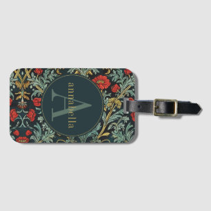 Vintage Red Poppy Floral William Morris Monogram Luggage Tag
