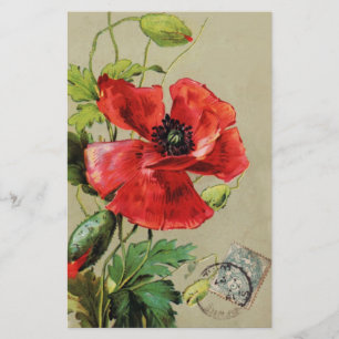 VINTAGE RED POPPY FLOWER STATIONERY