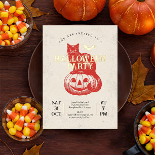 Vintage Red Pumpkin and Cat Halloween Party Gold