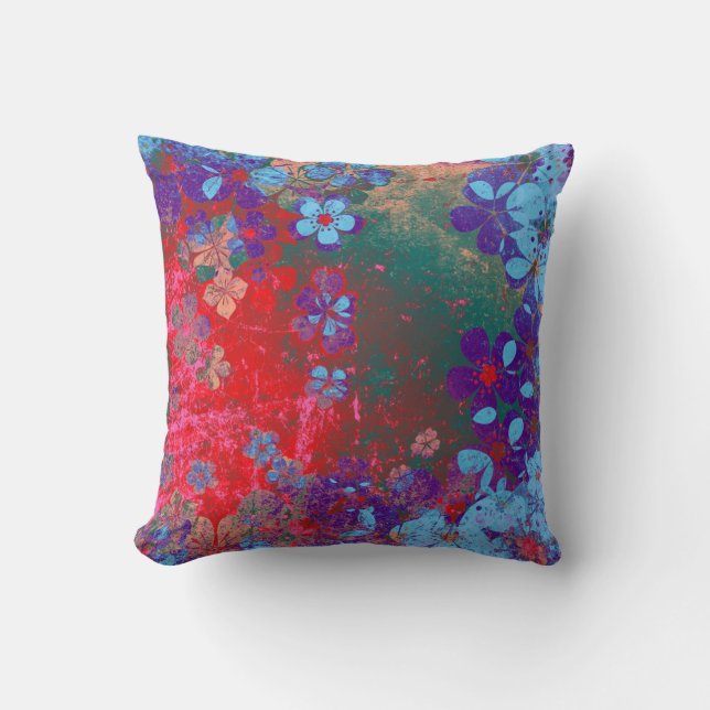 Vintage red purple blue floral pattern cushion (Front)