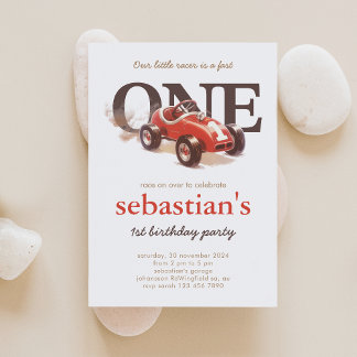 Vintage Red Race Car 1st Birthday Invitation