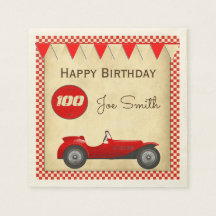 Vintage red race car and flags 100 birthday