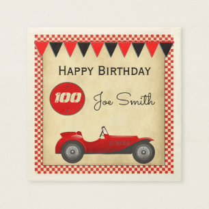 Vintage red race car and flags 100 birthday napkin
