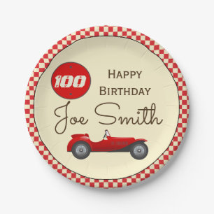 Vintage red race car and flags 100 birthday paper plate