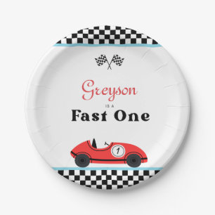 Vintage Red Race Car First Birthday Fast One Paper Plate