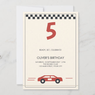 Vintage Red Racing Car Chequered Kids Birthday Invitation