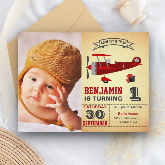 Vintage Red Retro Aeroplane Birthday Invitation Postcard (Creator Uploaded)