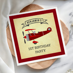Vintage Red Retro Aeroplane Birthday Party Paper Napkin
