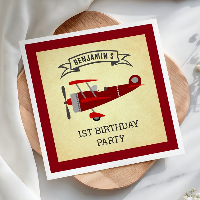Vintage Red Retro Aeroplane Birthday Party Paper Napkin (Creator Uploaded)