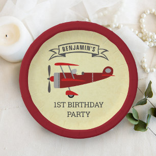 Vintage Red Retro Aeroplane Birthday Party Paper Plate