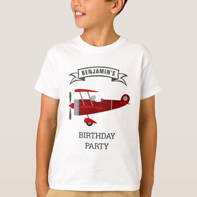 Vintage Red Retro Aeroplane Birthday Party T-Shirt (Front)