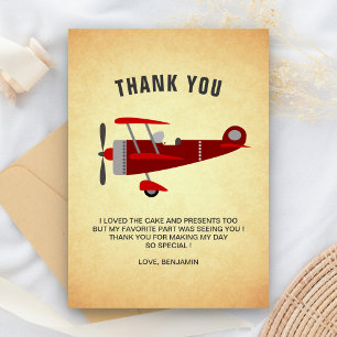 Vintage Red Retro Aeroplane Birthday Party Thank You Card