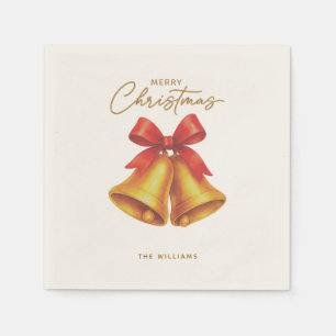 Vintage Red Ribbon and Gold Bells Christmas Napkin