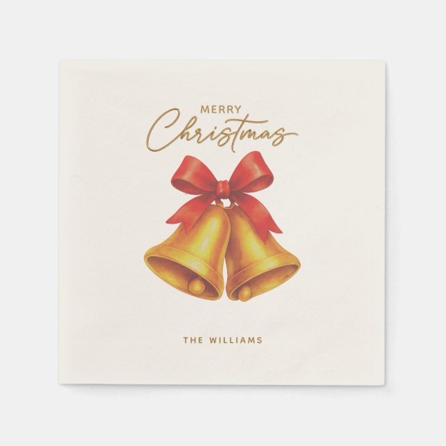 Vintage Red Ribbon and Gold Bells Christmas Napkin (Front)