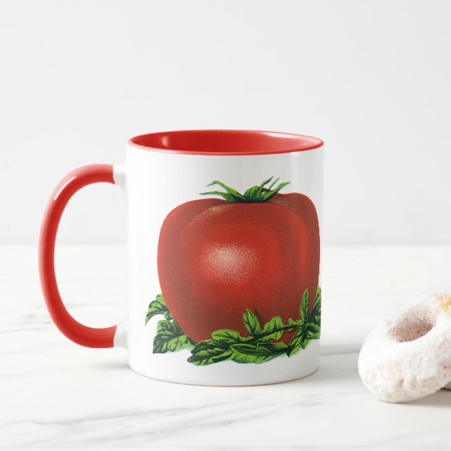 Vintage Red Ripe Tomato, Vegetables and Fruits Mug (With Donut)
