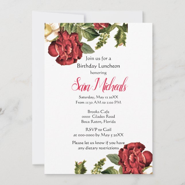 Vintage Red Rose Birthday Lunch Invitation (Front)