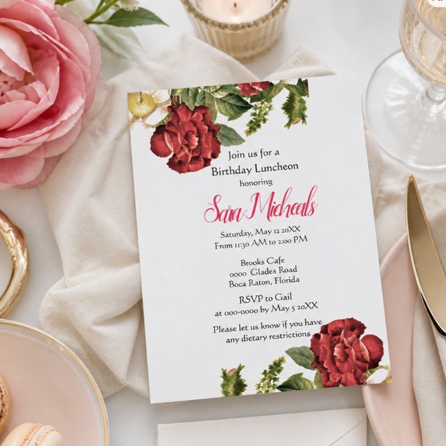 Vintage Red Rose Birthday Lunch Invitation (Creator Uploaded)