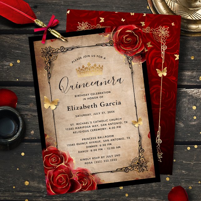 Vintage Red Rose Black Gold Elegant Quinceanera Invitation (Elegant black, red and gold quinceanera invitations that are easy to personalize.)