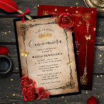 Vintage Red Rose Black Gold Elegant Quinceanera Invitation<br><div class="desc">Elegant vintage quinceanera invitations that you can easily have personalised for a 15th birthday, a sweet 16 celebration, or even a wedding. Simply change the script calligraphy type to match your celebration, and add in your own details. The botanical rustic design depicts romantic red roses in a watercolor ink, accented...</div>
