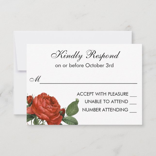 Vintage Red Rose Botanical Wedding RSVP Card (Front)