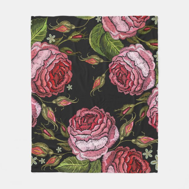 Vintage Red Rose Embroidery Pattern Fleece Blanket (Front)