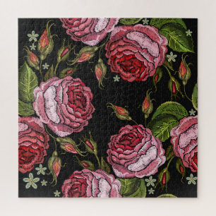 Vintage Red Rose Embroidery Pattern Jigsaw Puzzle