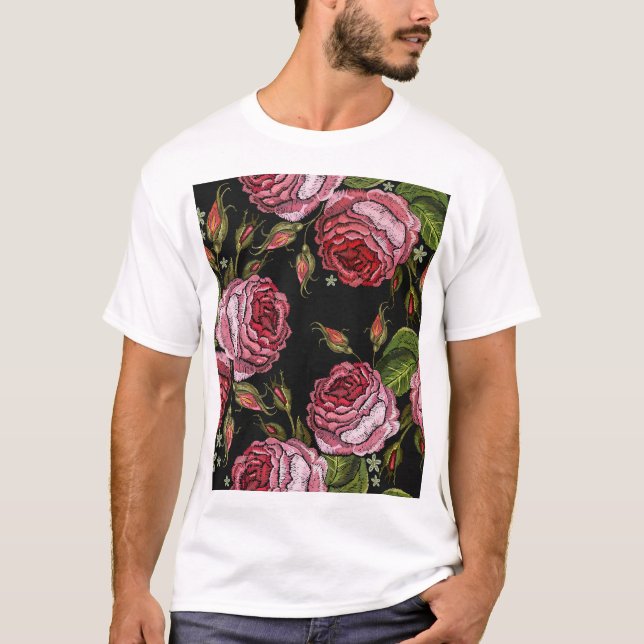 Vintage Red Rose Embroidery Pattern T-Shirt (Front)