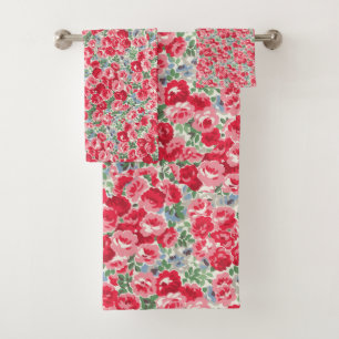 Vintage Red Rose Floral Pattern Bath Towel Set