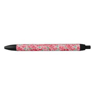 Vintage Red Rose Floral Pattern Black Ink Pen