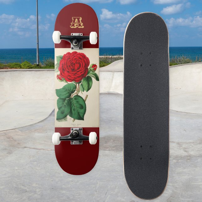 Vintage Red Rose Flower Illustration Monogrammed Skateboard (Refresh your skateboarding with this monogrammed skateboard, which features a vintage rose picture)