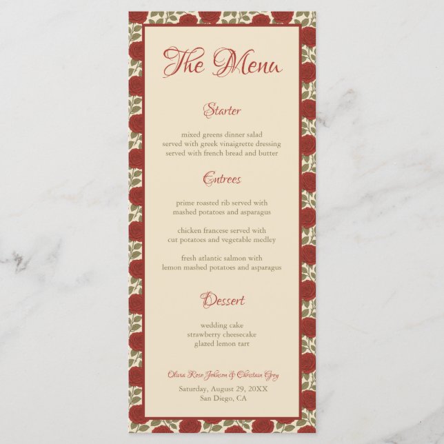 Vintage Red Rose Flowers Wedding Menu (Front)