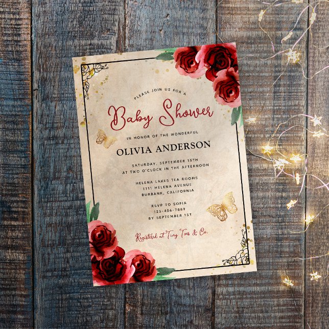 Vintage Red Rose Gold Elegant Baby Shower Invitation (Creator Uploaded)