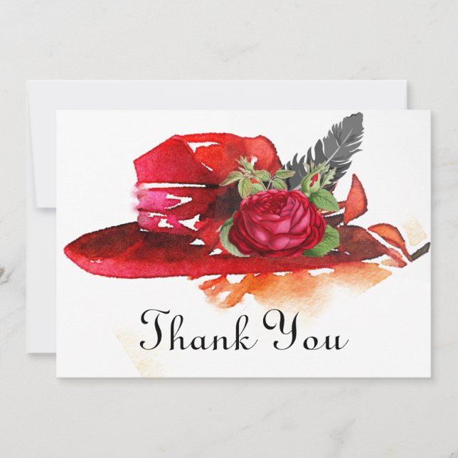 Vintage Red Rose Hat Flat Thank You Card (Front)