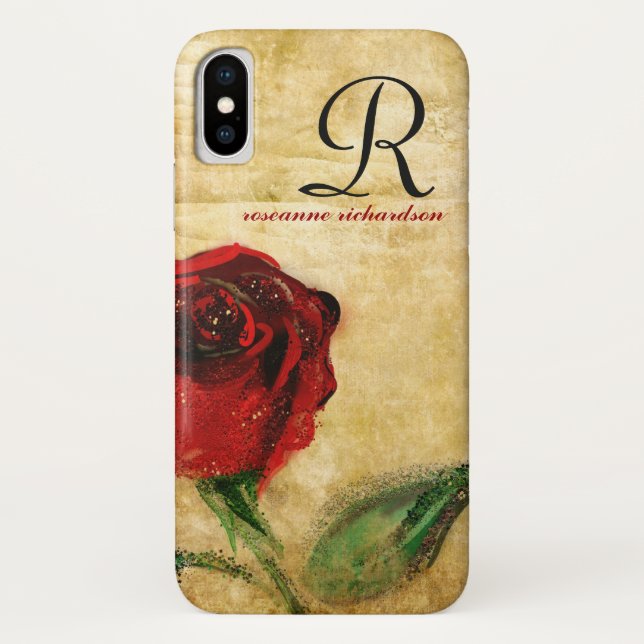 Vintage Red Rose Monogram iPhone X Case (Back)