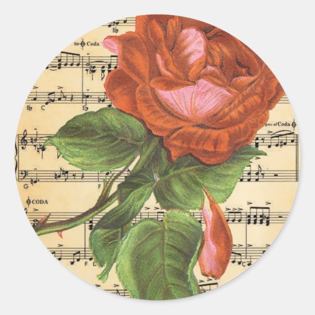 Vintage Red Rose & Music Classic Round Sticker (Front)