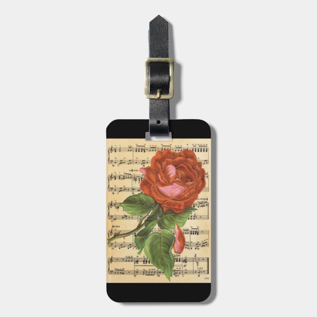 Vintage Red Rose & Music Luggage Tag (Front Vertical)