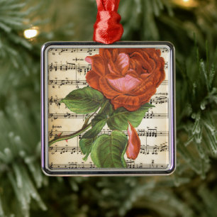 Vintage Red Rose & Music Metal Tree Decoration