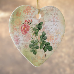 Vintage Red Rose on Pink Damask with Handwriting Ceramic Tree Decoration
