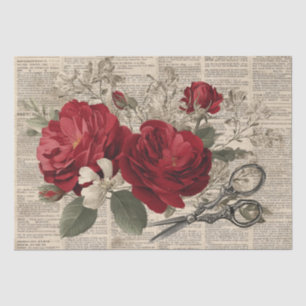 Vintage Red Rose & Scissors Botanical Collage Tissue Paper