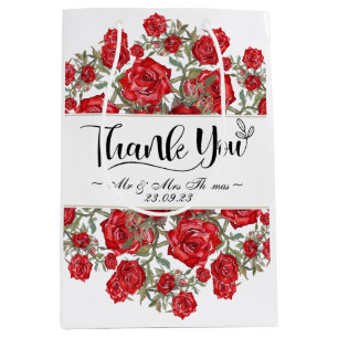 Vintage Red Rose Watercolor Floral thank you card Medium Gift Bag