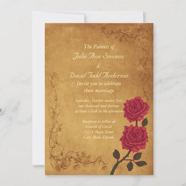 Vintage Red Rose Wedding Invitation (Front)
