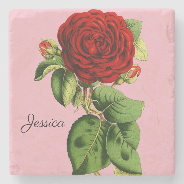 Vintage Red Rose with Your Name Stone Coaster (Front)