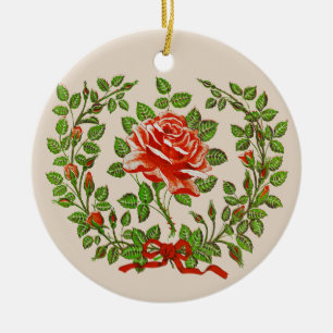Vintage Red Rose Wreath Floral Greeting Art Ceramic Tree Decoration