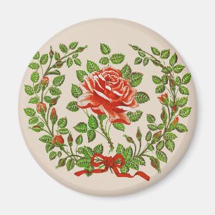 Vintage Red Rose Wreath Floral Greeting Art Magnet