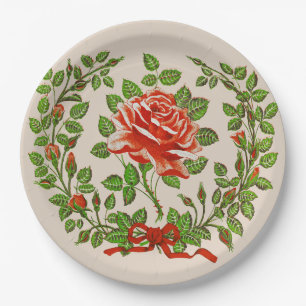 Vintage Red Rose Wreath Floral Greeting Art Paper Plate