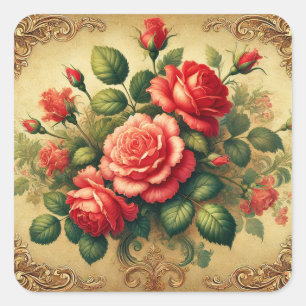Vintage Red RoseFloral  Elegant Gold  Square Sticker